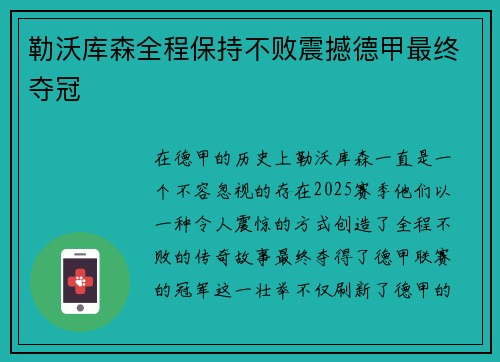 勒沃库森全程保持不败震撼德甲最终夺冠 勒沃库森全程保持不败震撼德甲最终夺冠