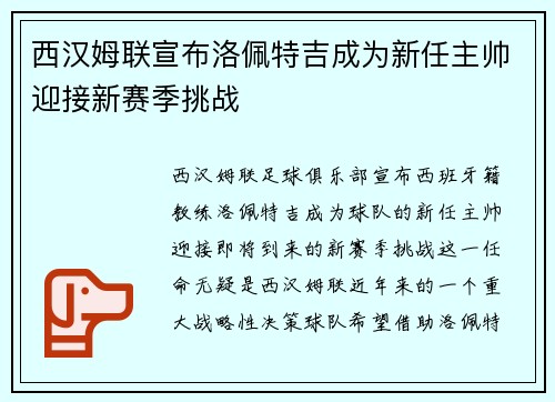 西汉姆联宣布洛佩特吉成为新任主帅迎接新赛季挑战 西汉姆联宣布洛佩特吉成为新任主帅迎接新赛季挑战